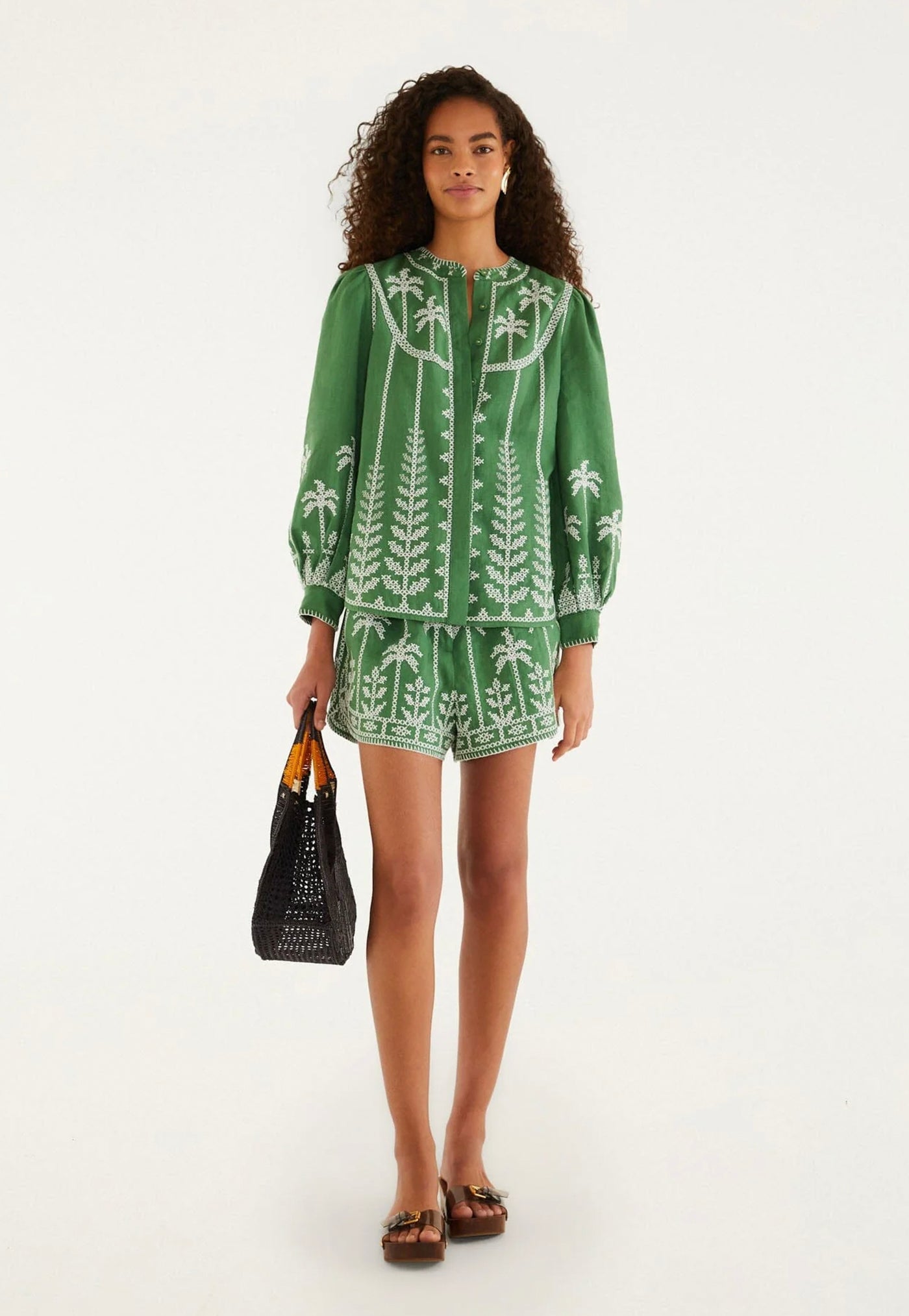 Cross Stitch Embroidery Long Sleeve Blouse - Green