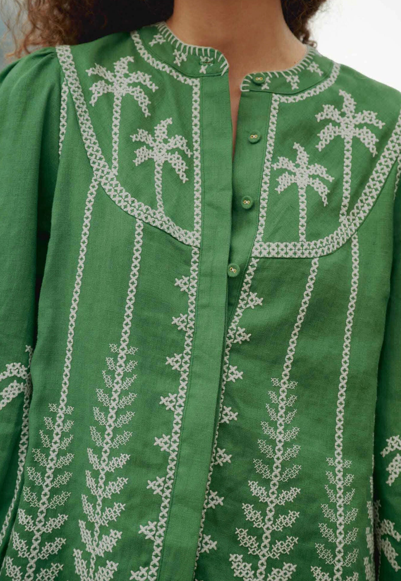 Cross Stitch Embroidery Long Sleeve Blouse - Green