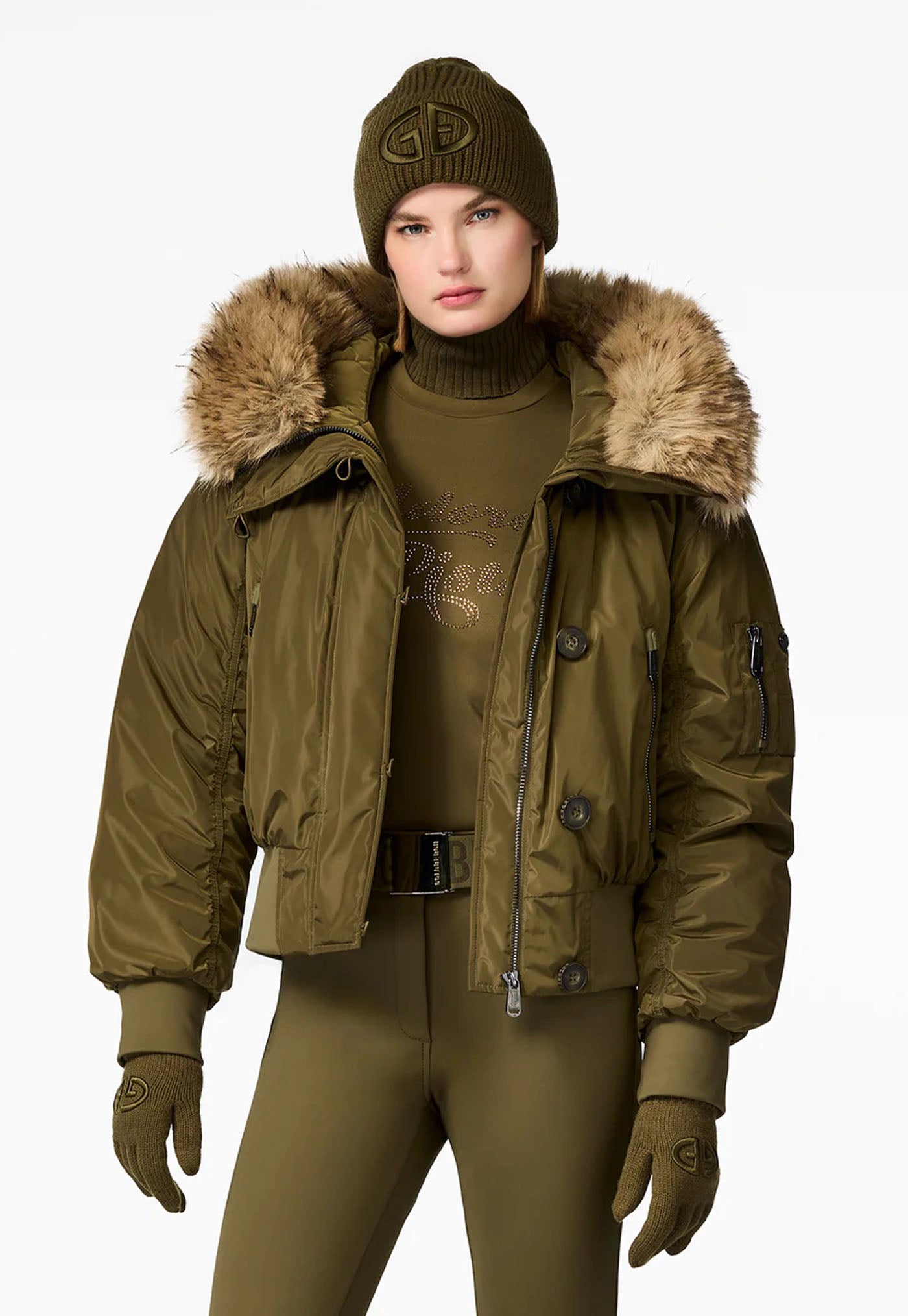 Jeanne Faux Border Ski Jacket - Dark Olive