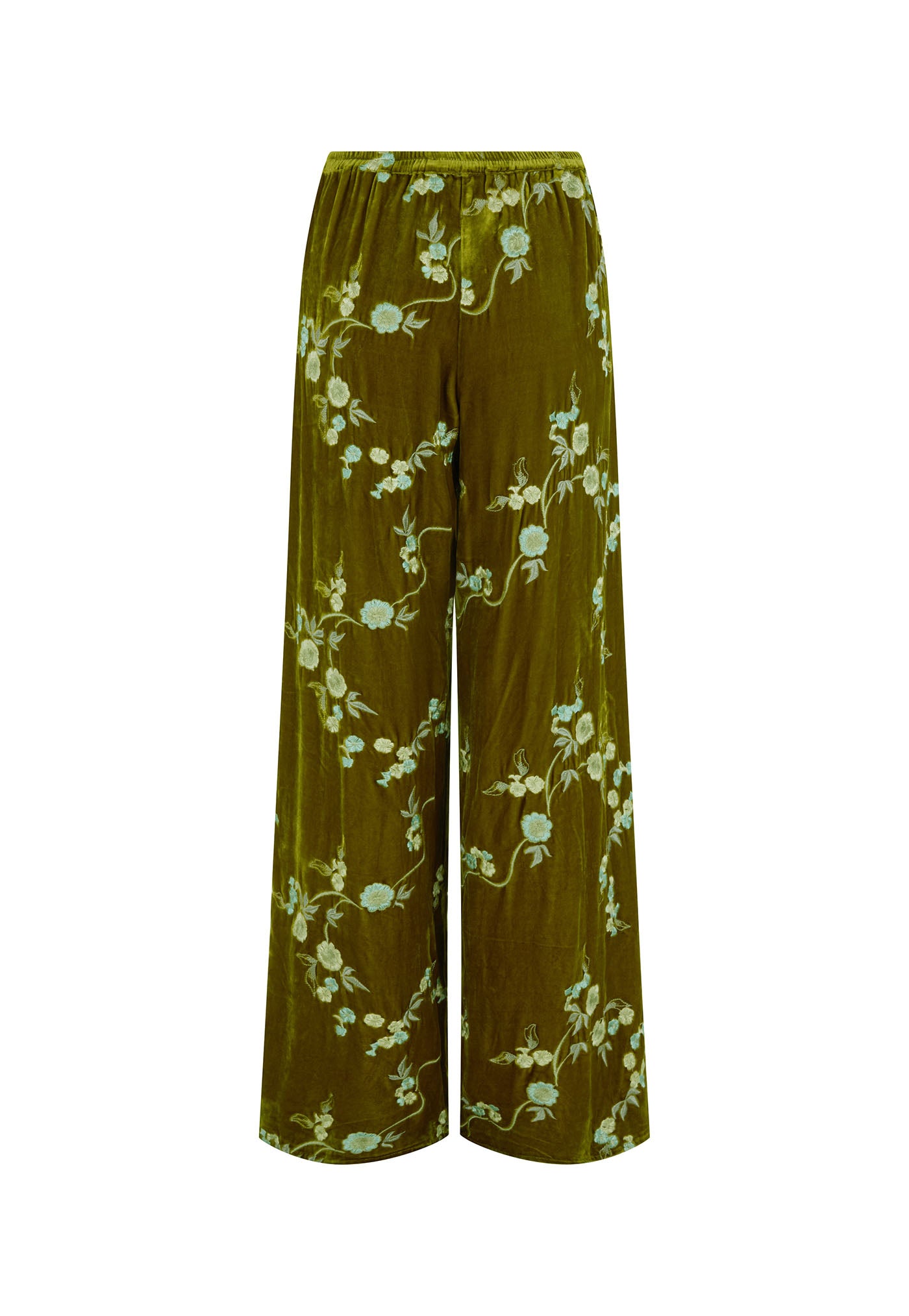 Green floral-patterned pants on a white background