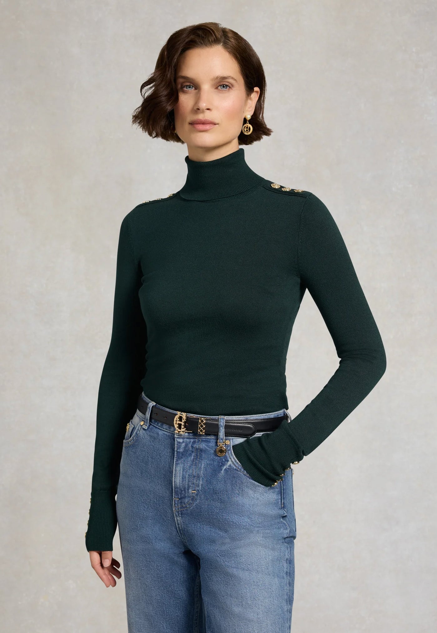 Buttoned Knit Roll Neck - Deep Emerald