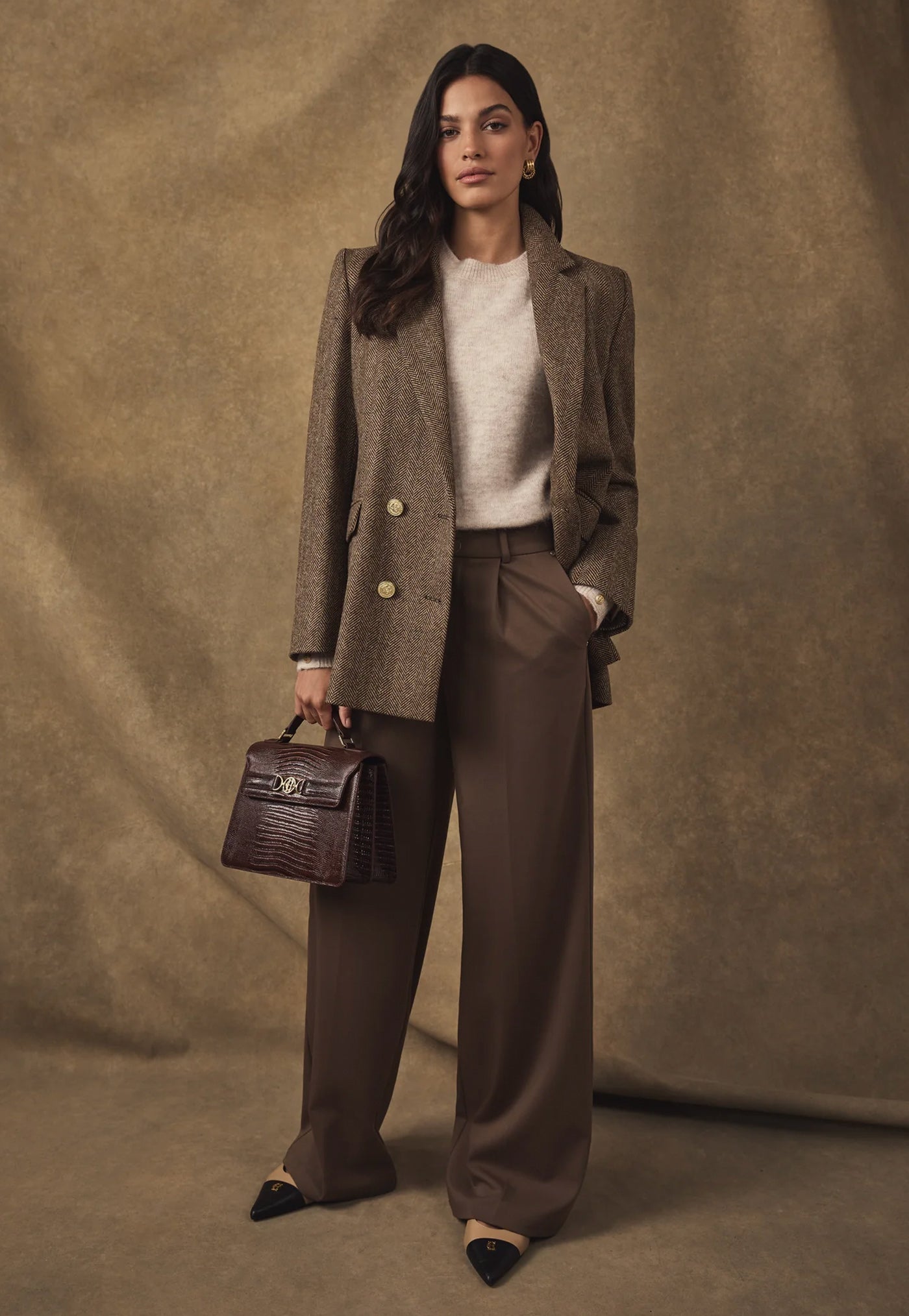 Double Breasted Blazer - Large Scale Brown Herringbone