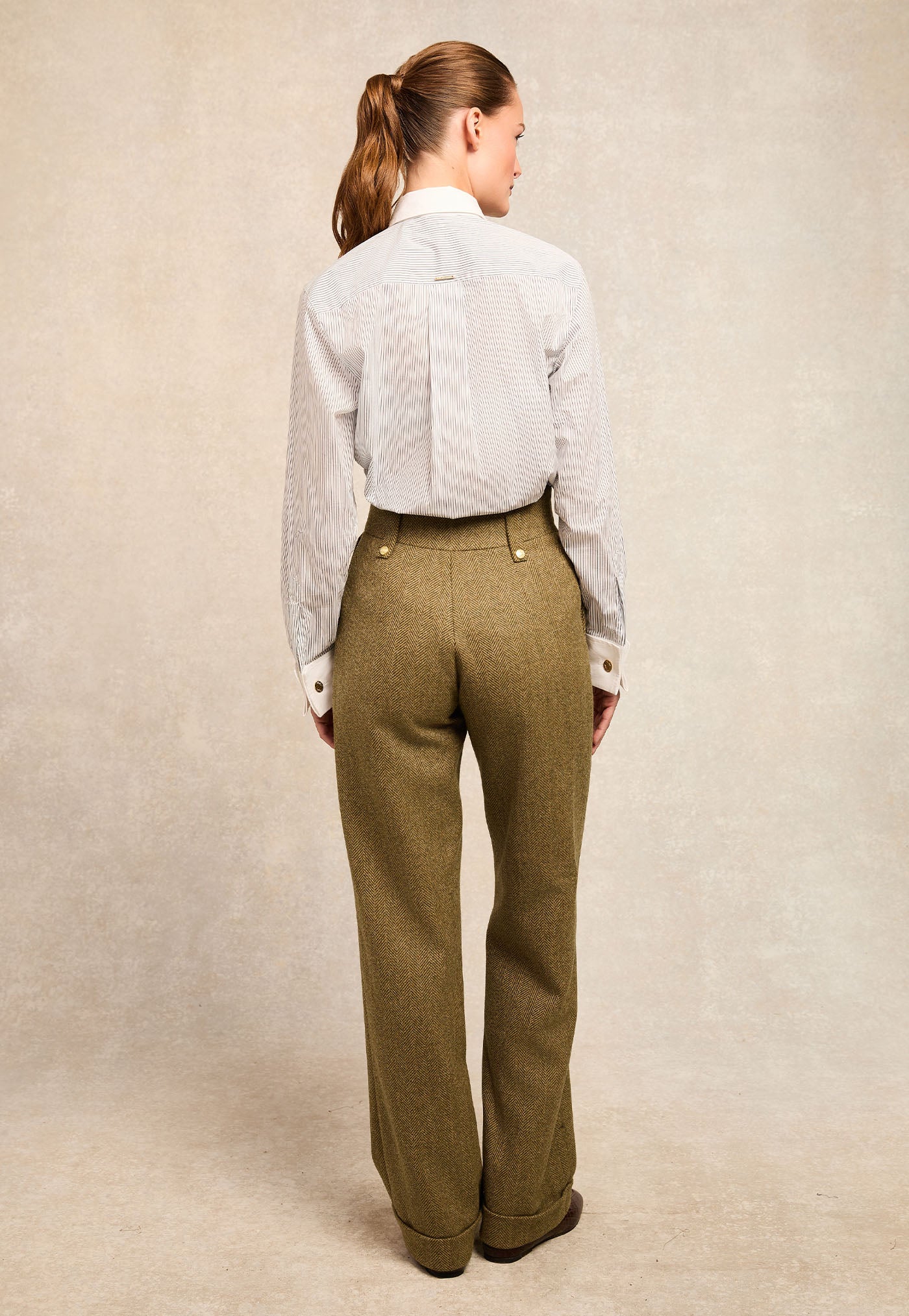 High Waisted Wide Leg Trouser - Moss Herringbone