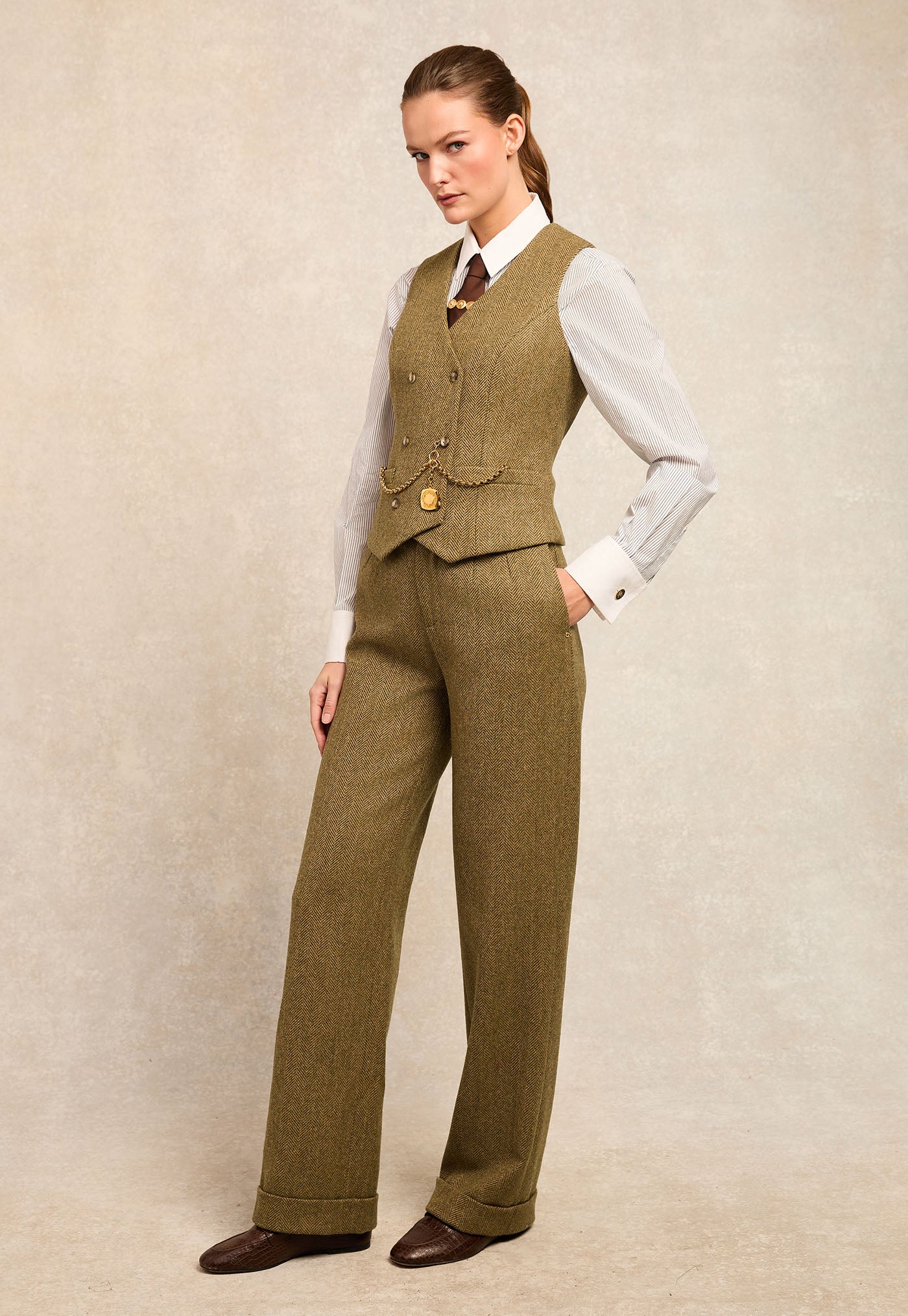 High Waisted Wide Leg Trouser - Moss Herringbone