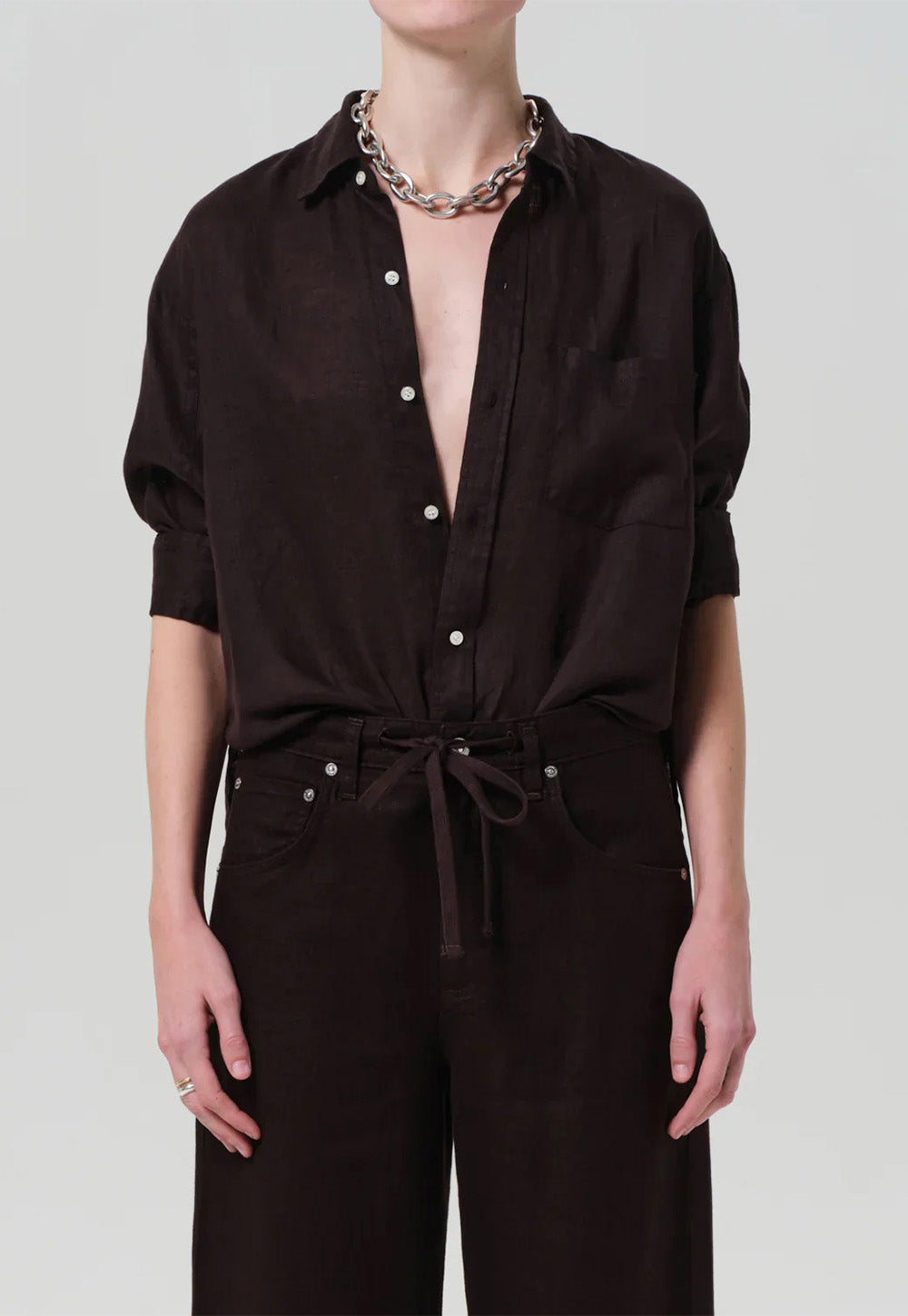 Kayla Shrunken Linen Shirt - Chocolate