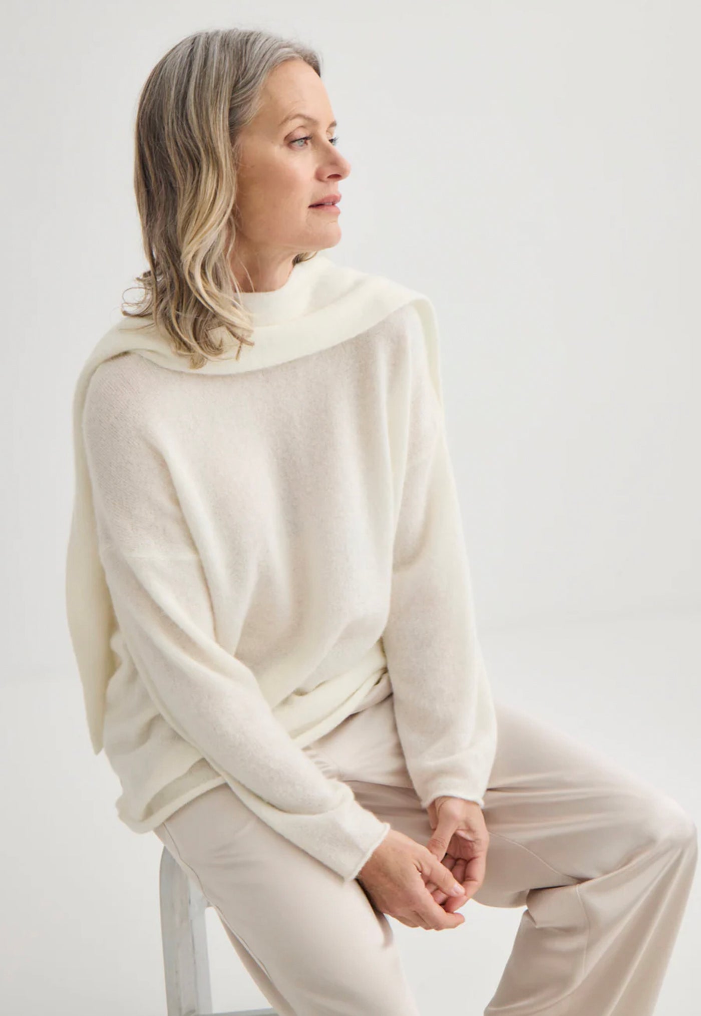 Alpaca Sweater with Scarf - Ivory