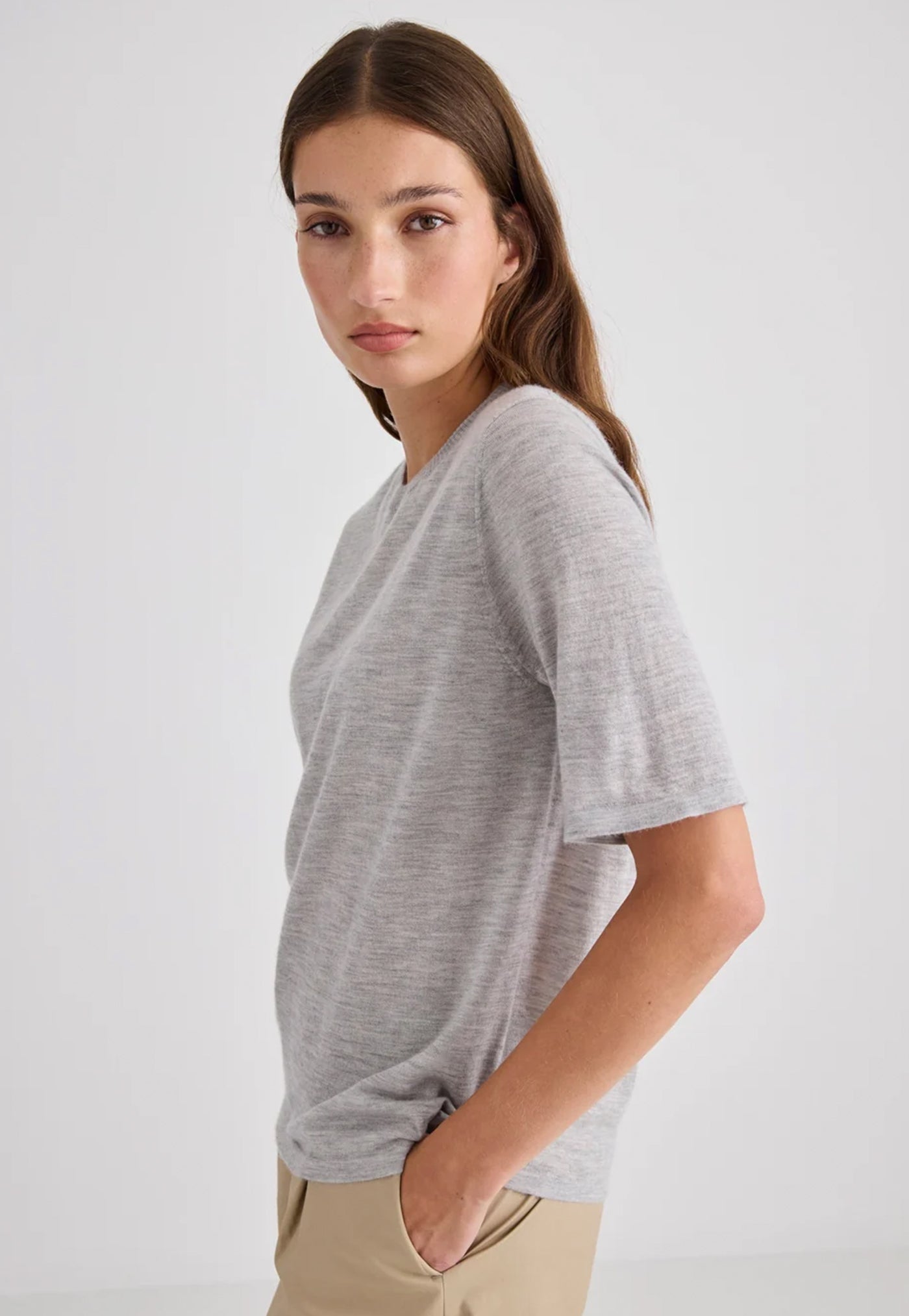 Featherlight Pure Cashmere T-Shirt - Grey Marle