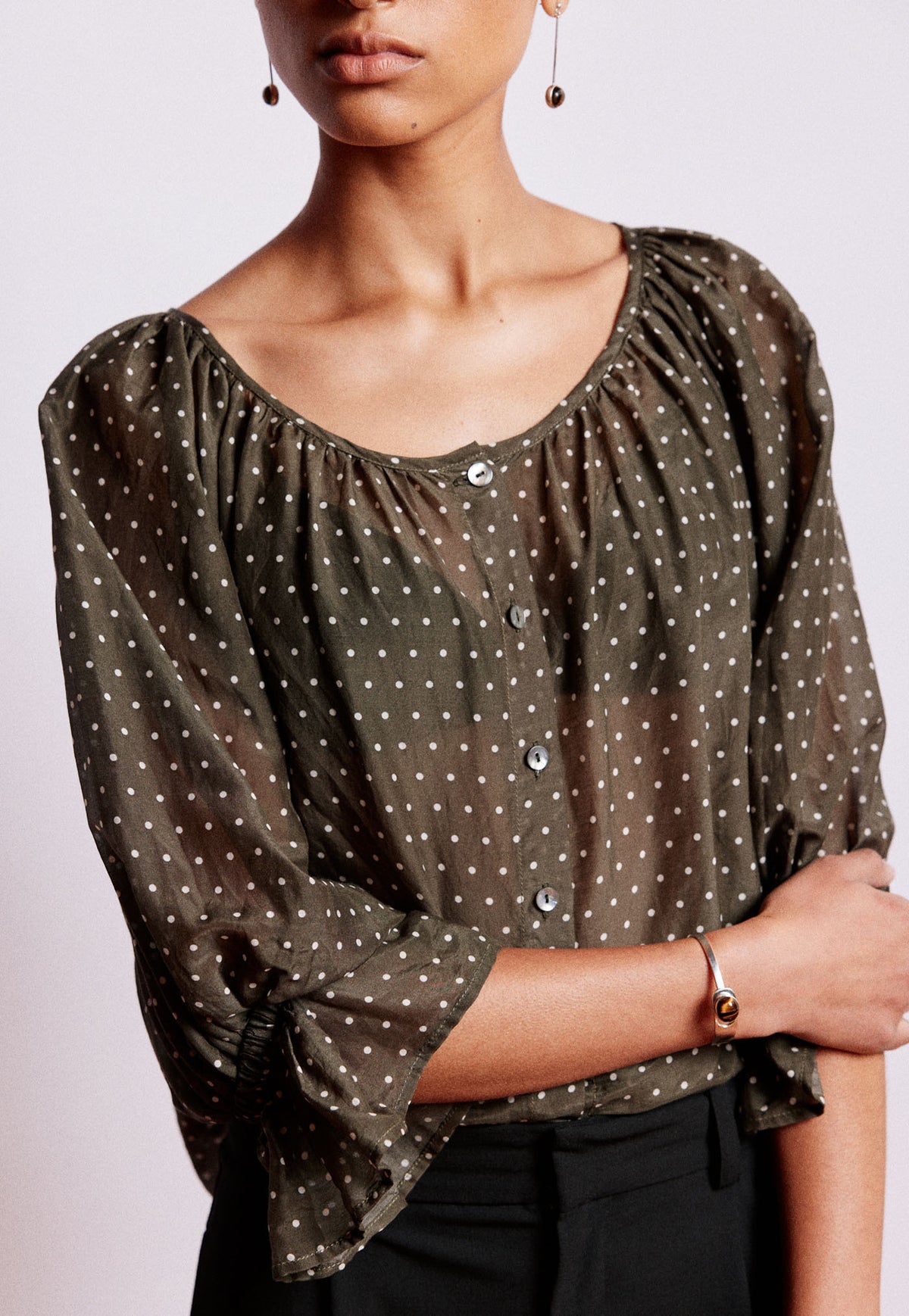 House Bon Blouse - Olive Polka Dot