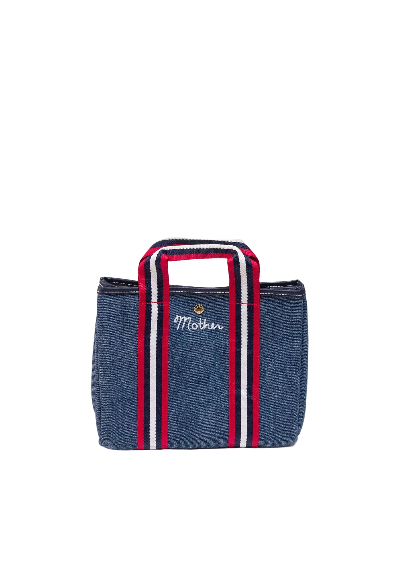 A blue denim tote bag with red and white striped handles and a white embroidered 'Mother' logo on the front, set against a plain white background.