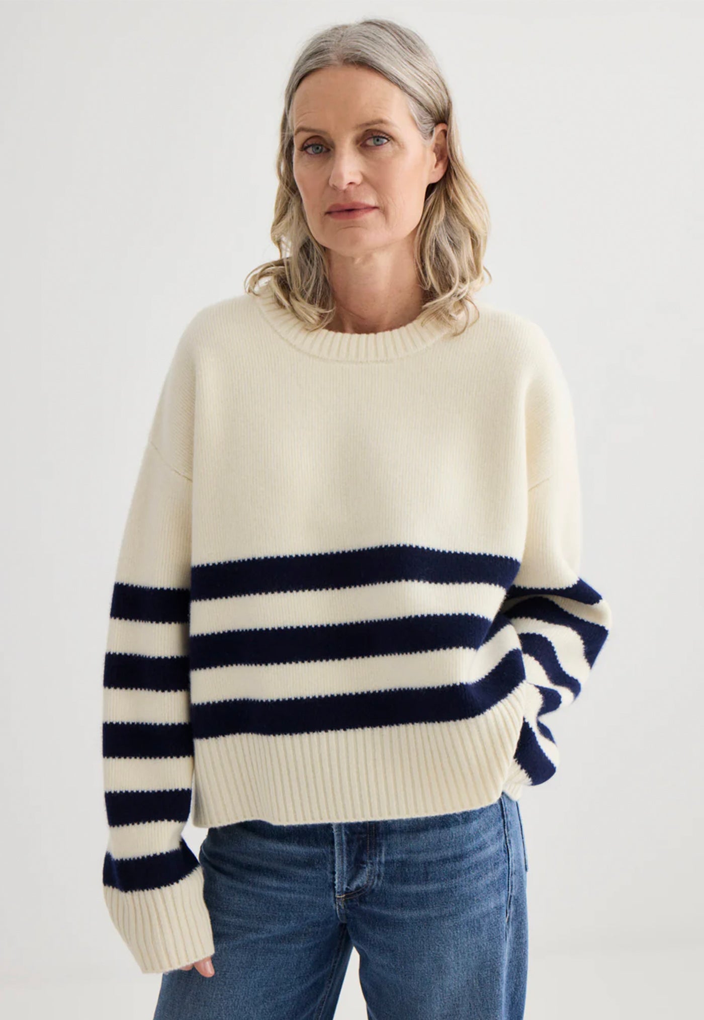 Oversized Stripe Crew - Ivory/Midnight