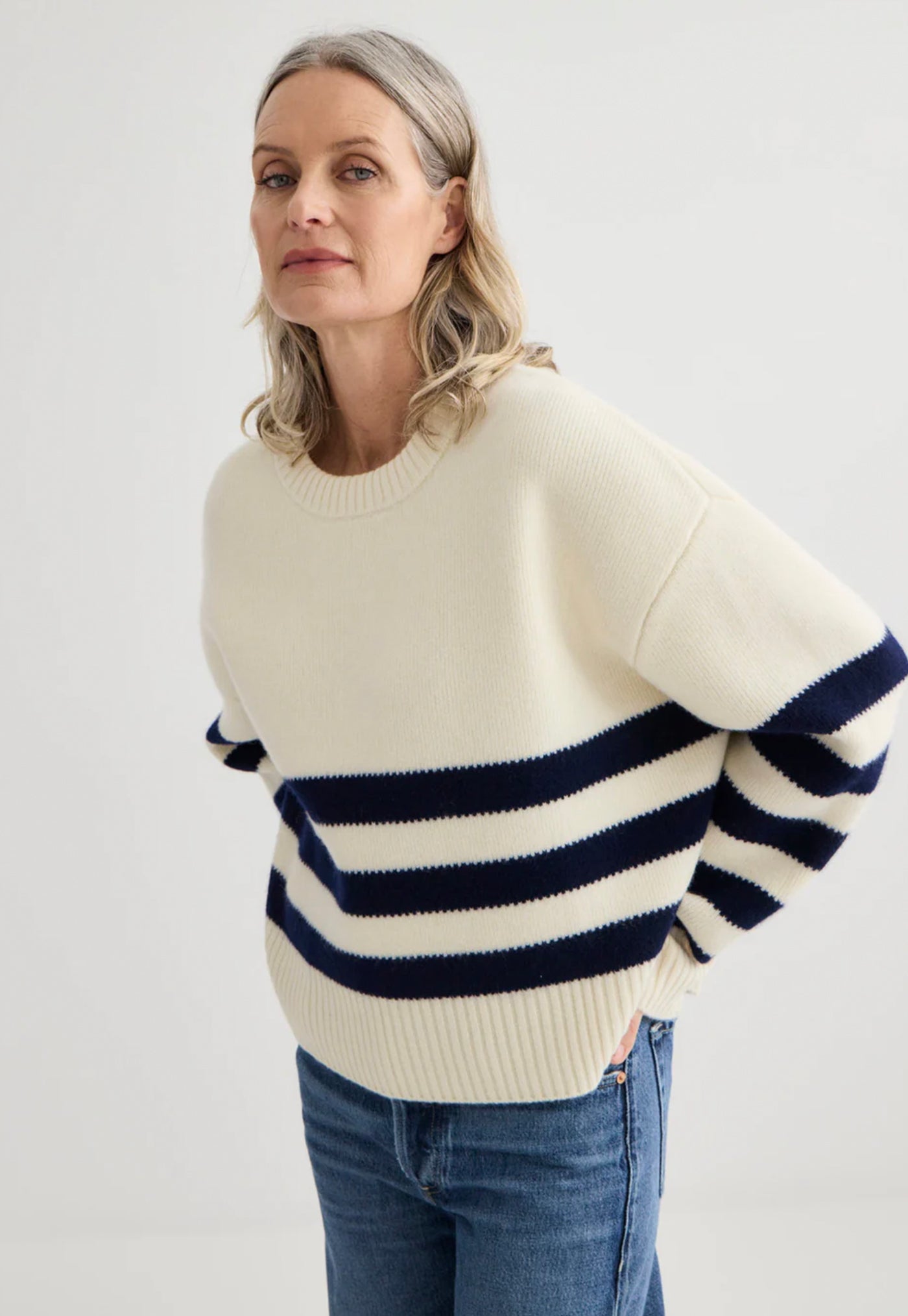 Oversized Stripe Crew - Ivory/Midnight