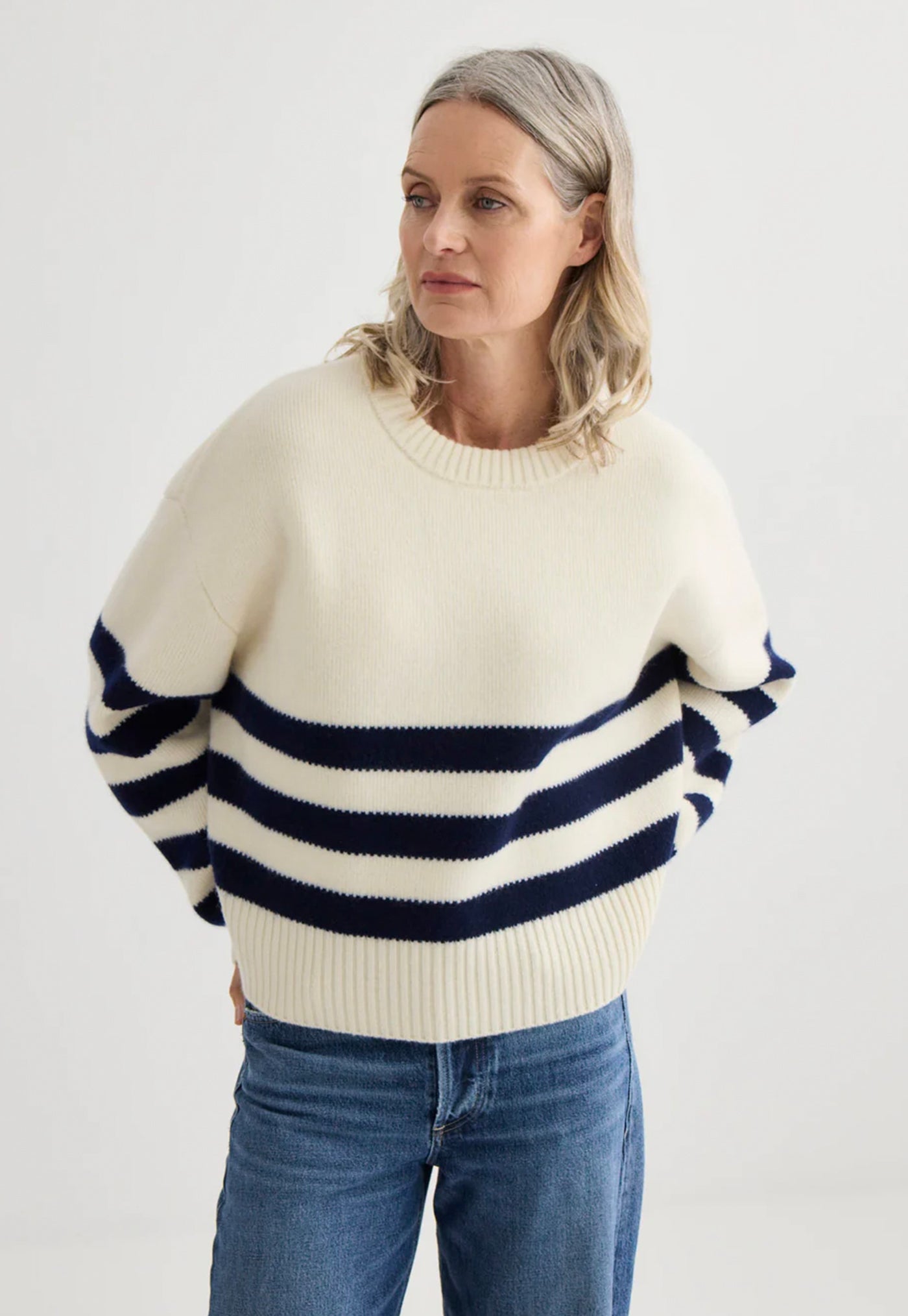 Oversized Stripe Crew - Ivory/Midnight