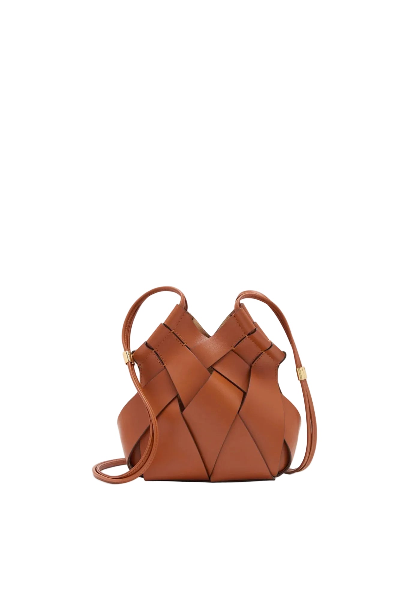 A small brown leather handbag with an intricate woven pattern and a thin shoulder strap, shown against a plain white background.