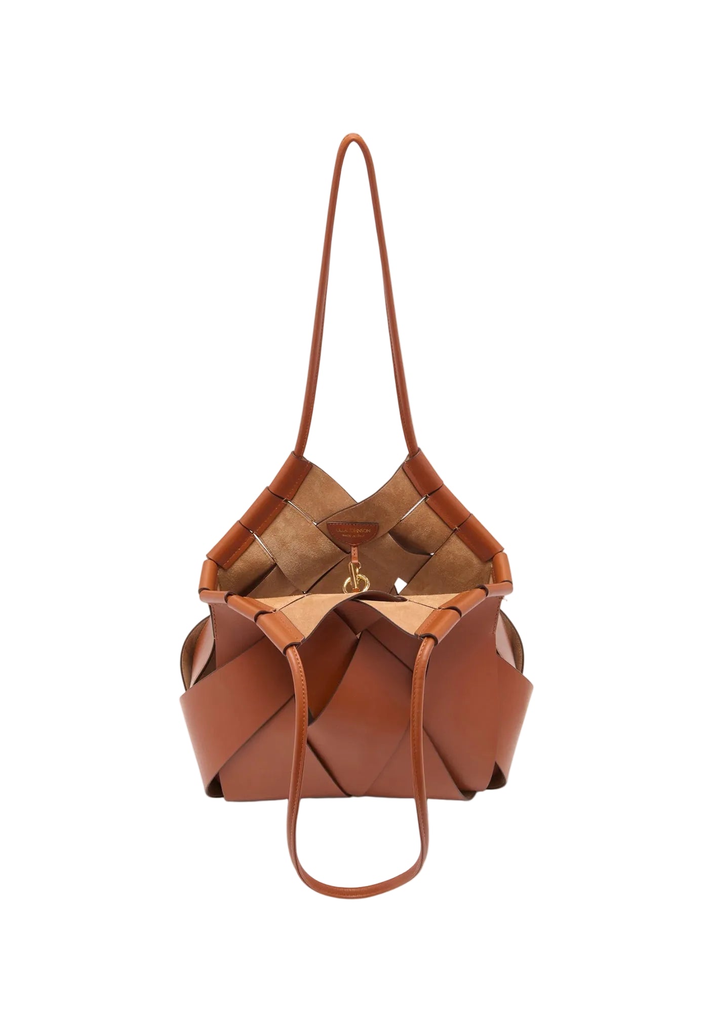 A brown woven leather shoulder bag with a structured, basketweave design and a single shoulder strap, shown against a plain white background.