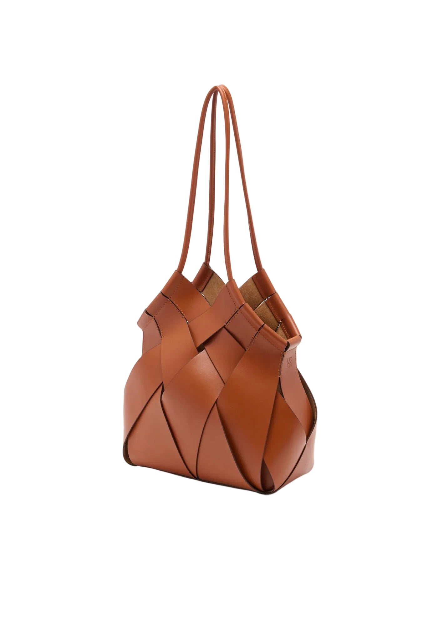 A structured brown leather handbag with a woven, geometric strap pattern and two shoulder straps, shown on a clean white background.
