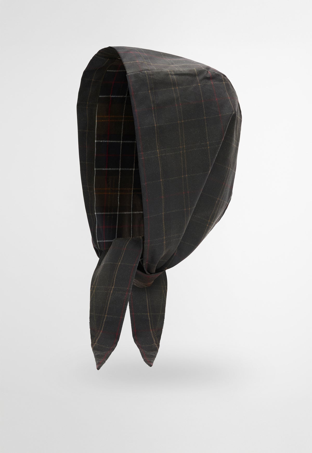 Barbour Arlene Waxed Headscarf featuring signature tartan print and a classic waxed cotton finish.