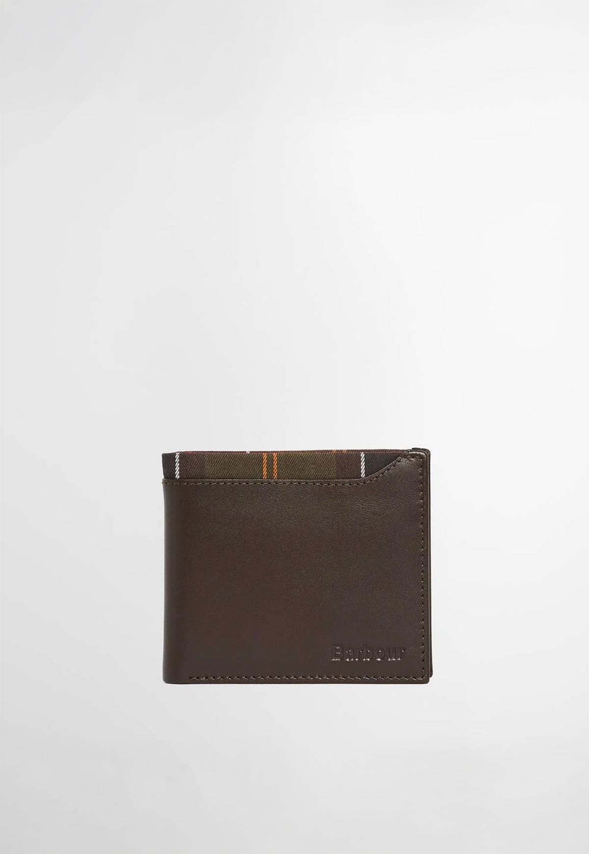 Barbour Brodick Leather Wallet featuring natural leather, tartan trim and embossed Barbour branding.