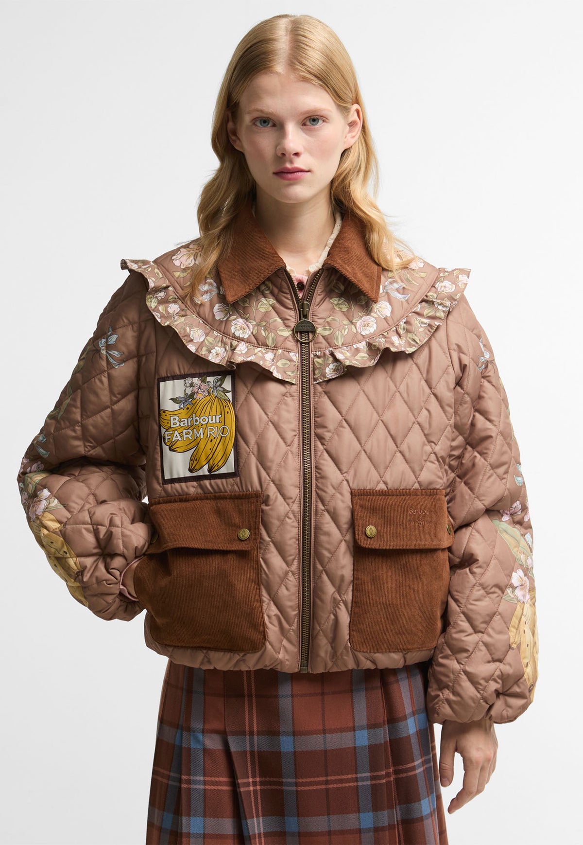 Barbour x FARM Rio Anamaria Quilted Jacket in Heart of Tropics Banana Print with bubble hem