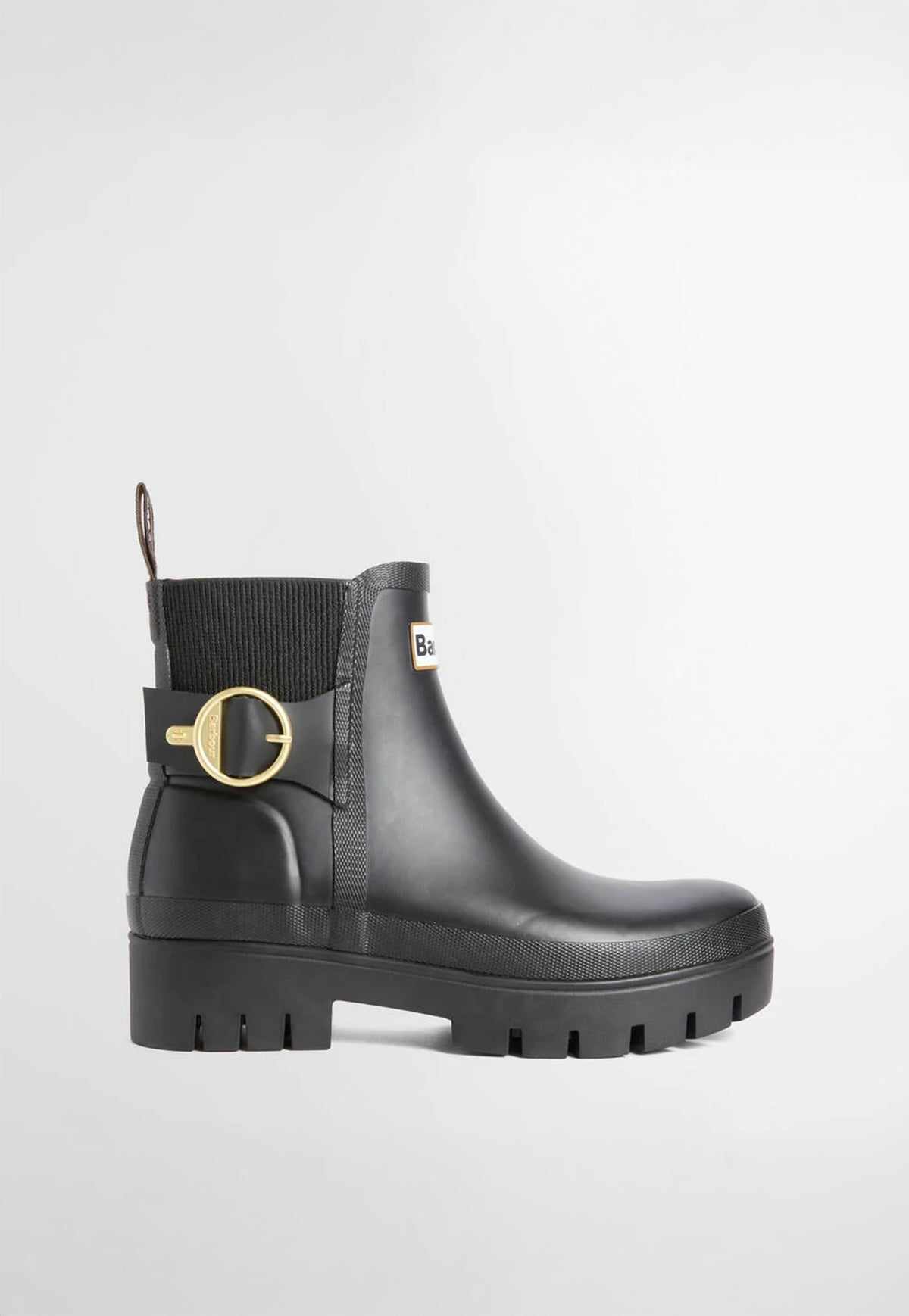 Side profile of Barbour Hepburn Ankle Wellingtons showing ribbed elastic side panels, chunky rubber sole and Chelsea boot silhouette.