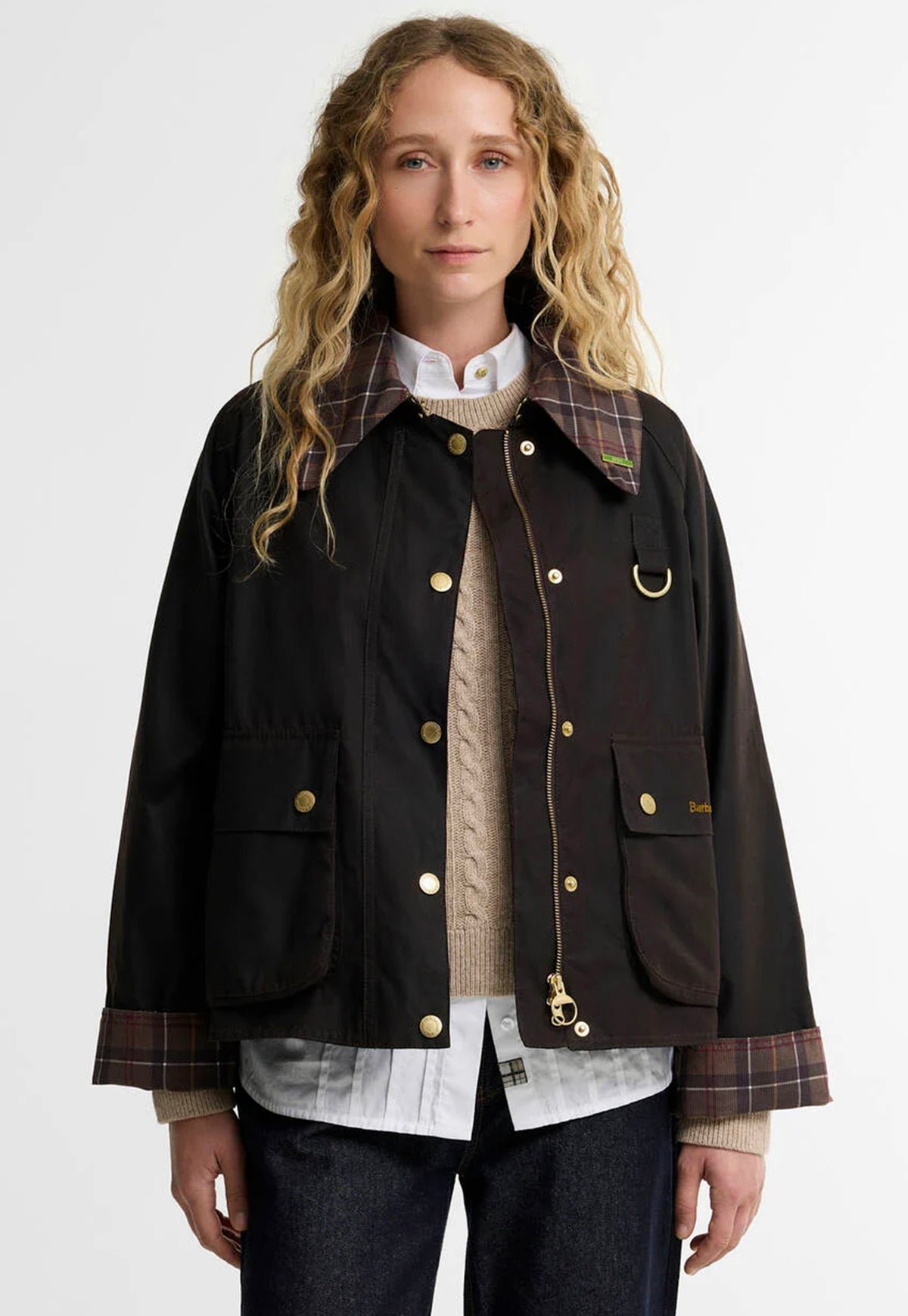 Barbour Icons Tartan Collar Spey Waxed Jacket featuring tartan collar, front patch pockets and brass stud fastenings.