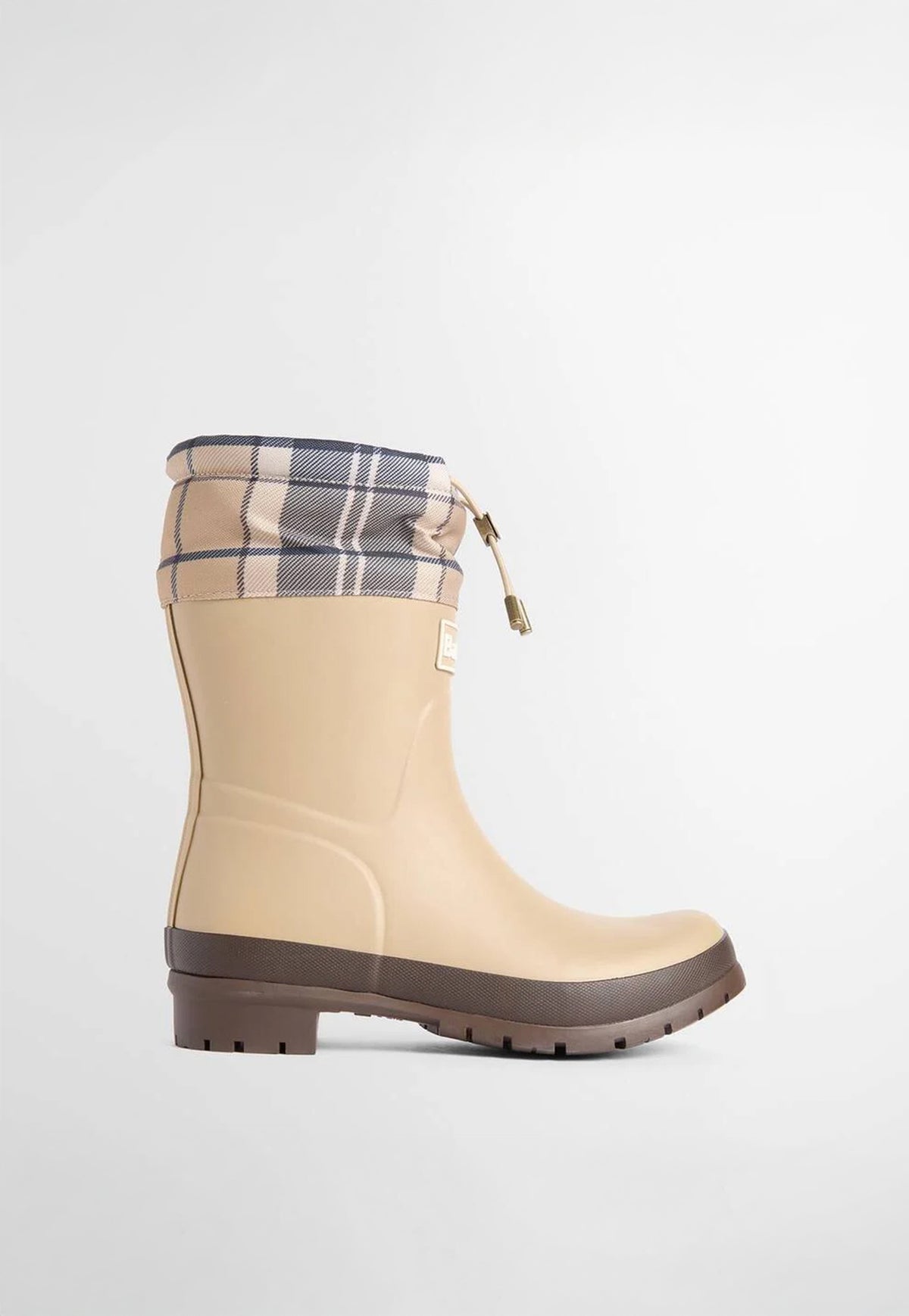 Side profile of Barbour Mowbray Wellingtons showing the rubber boot silhouette, adjustable detailing and custom Barbour outsole.