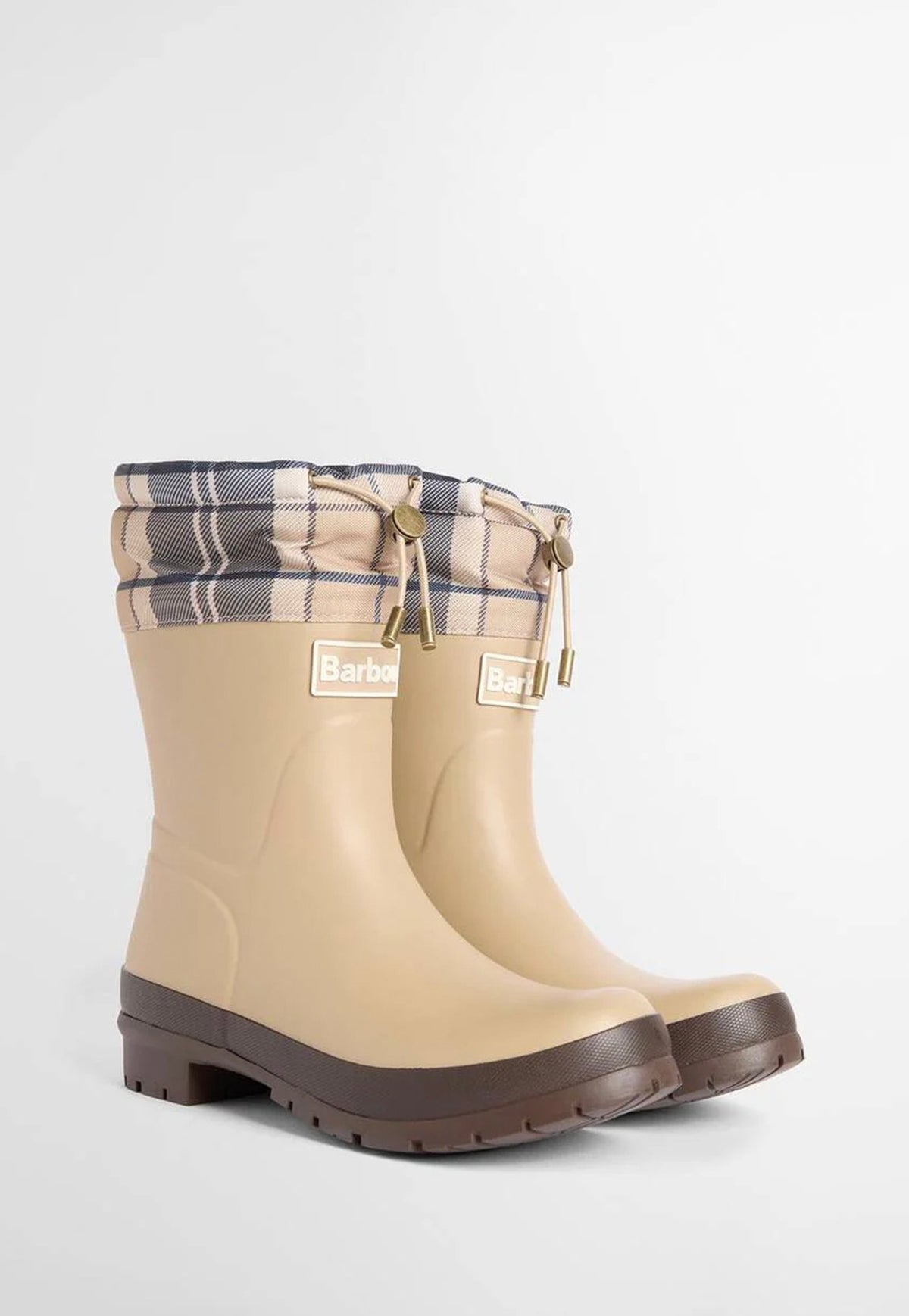 Side front profile of Barbour Mowbray Wellingtons showing the rubber boot silhouette, adjustable detailing and custom Barbour outsole.