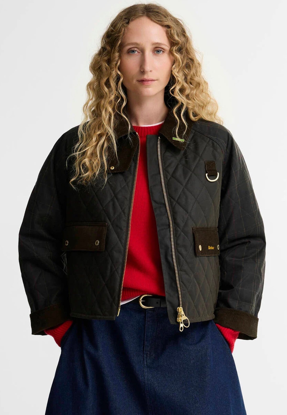 Barbour Tartan Reimagined Icons Taran Quilted Spey Waxed Jacket in Olive and Classic Tartan, featuring a cropped silhouette, brass hardware and cord detailing.