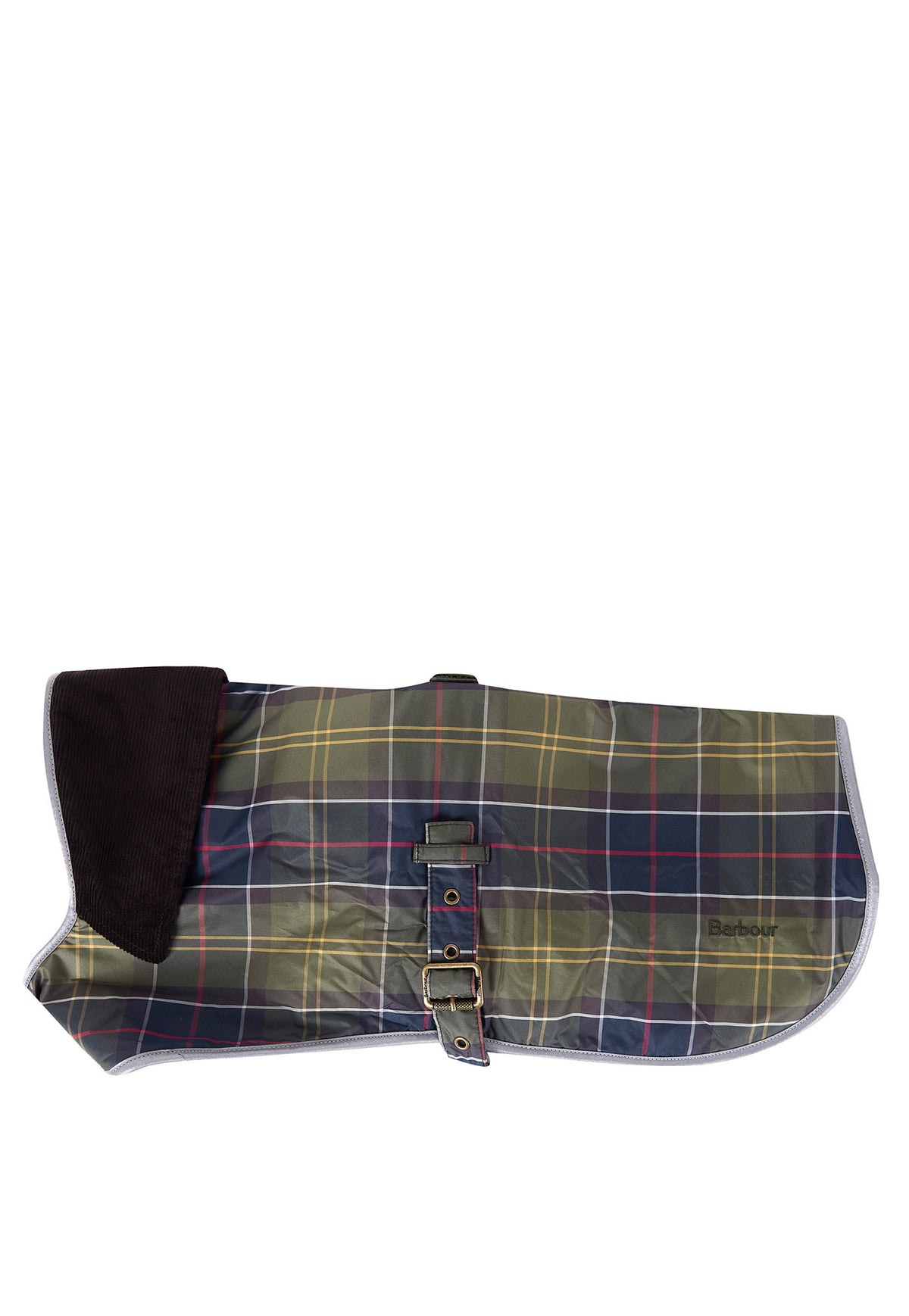 Barbour Waterproof Tartan Dog Coat featuring a cord-trimmed collar, waterproof outer fabric and adjustable fastening.