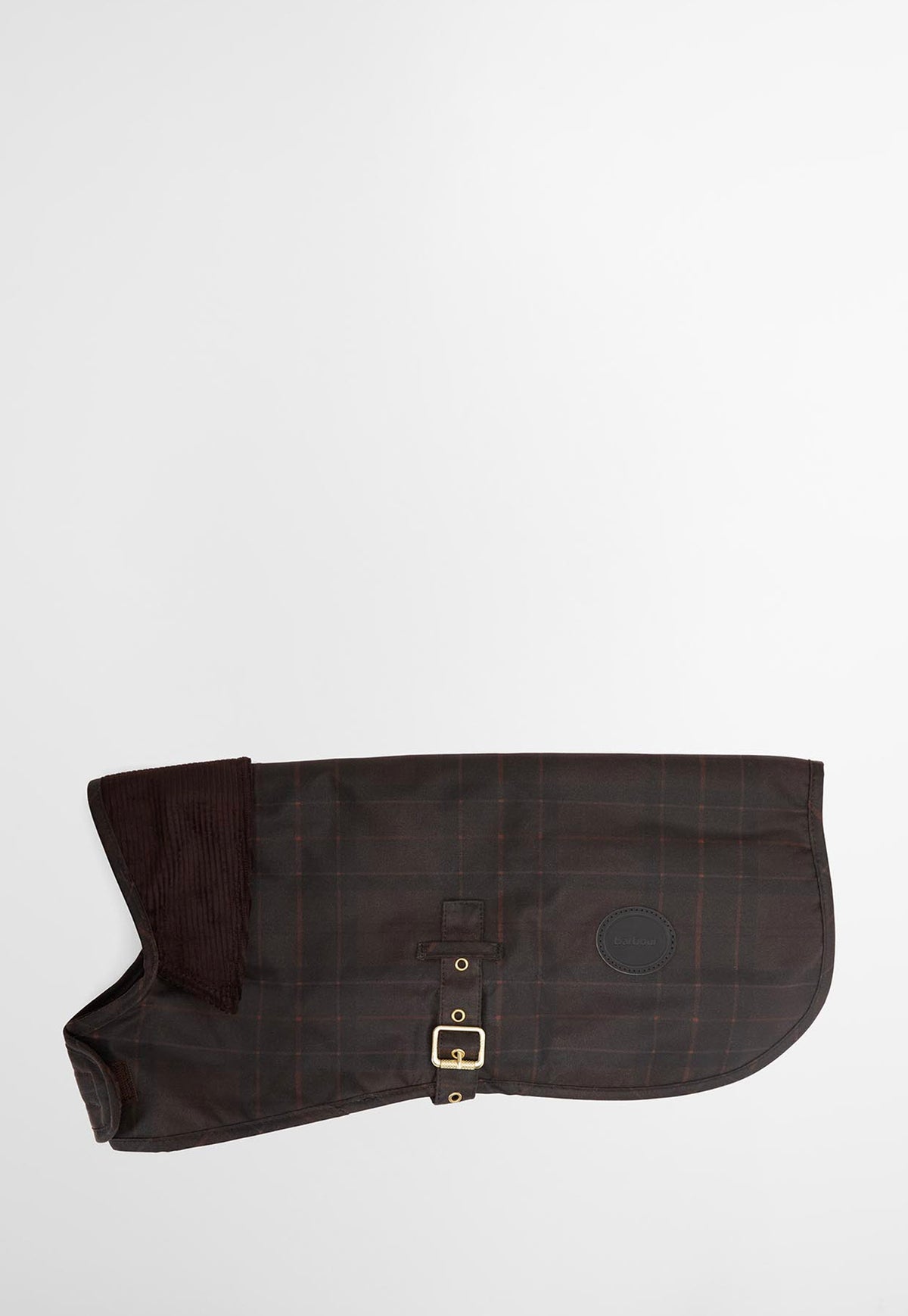 Barbour Tartan Waxed Dog Coat featuring a classic tartan pattern, waxed cotton fabric and contrasting corduroy collar.