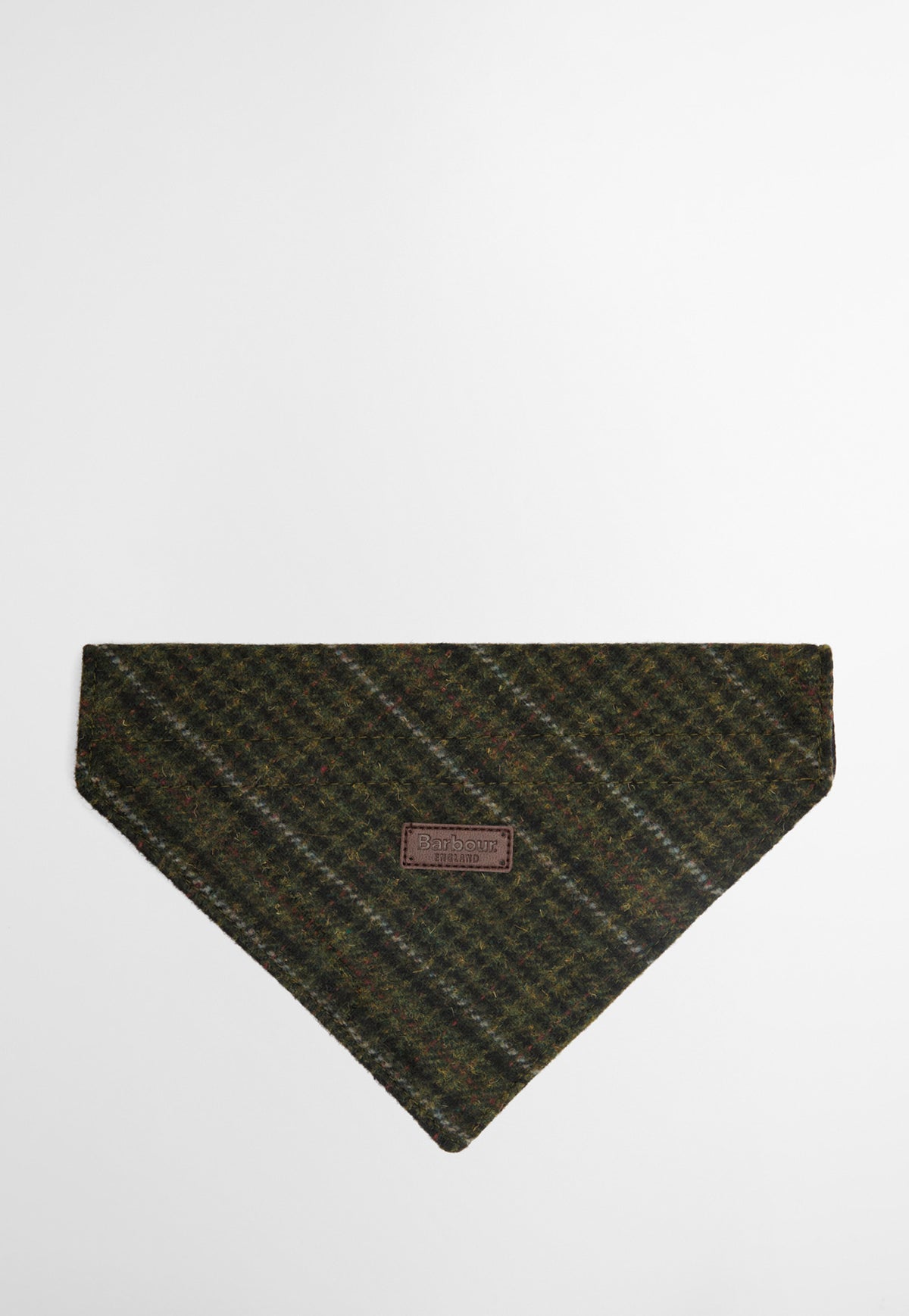 Barbour Wilkin Dog Bandana featuring textured wool-blend fabric and an embossed Barbour branded badge.