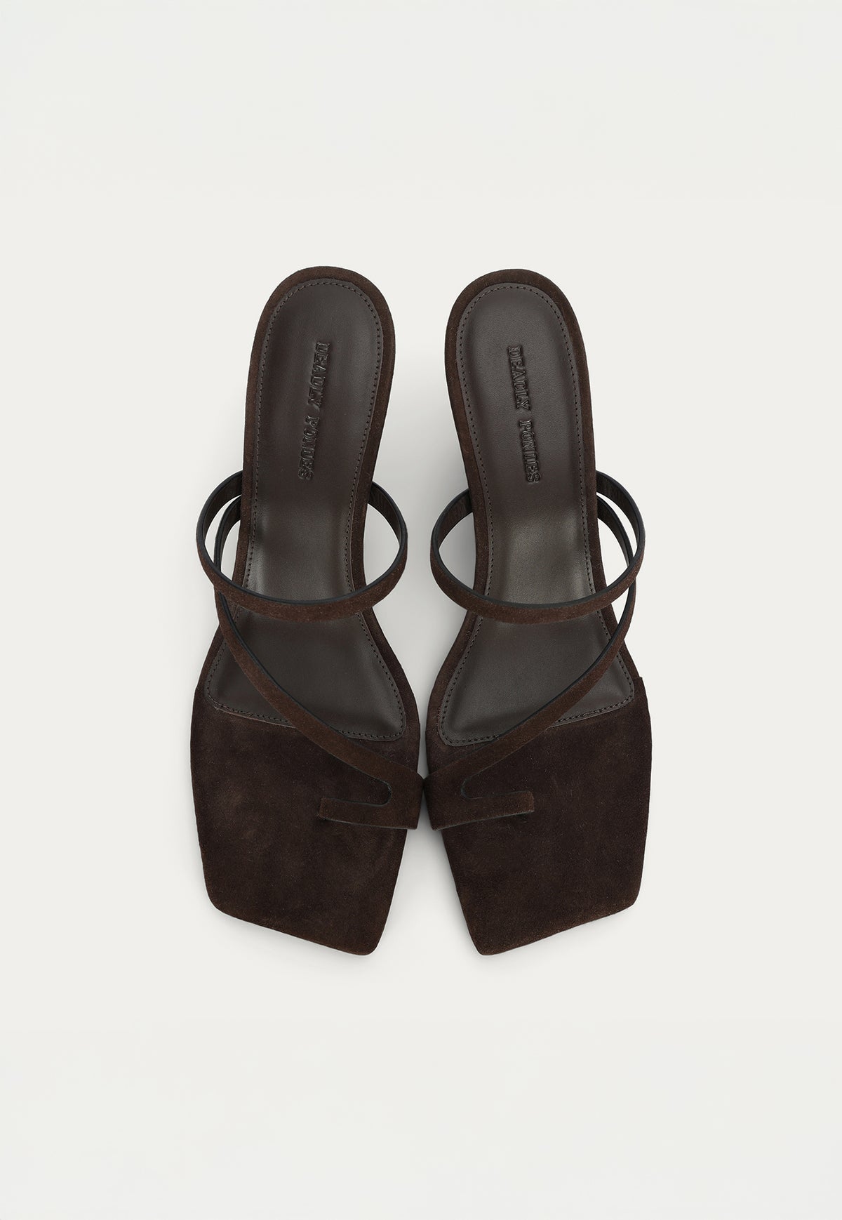 Top view of the Deadly Ponies Ariadne Wedge in Java Suede is crafted from premium suede with a soft lamb nappa leather footbed.
