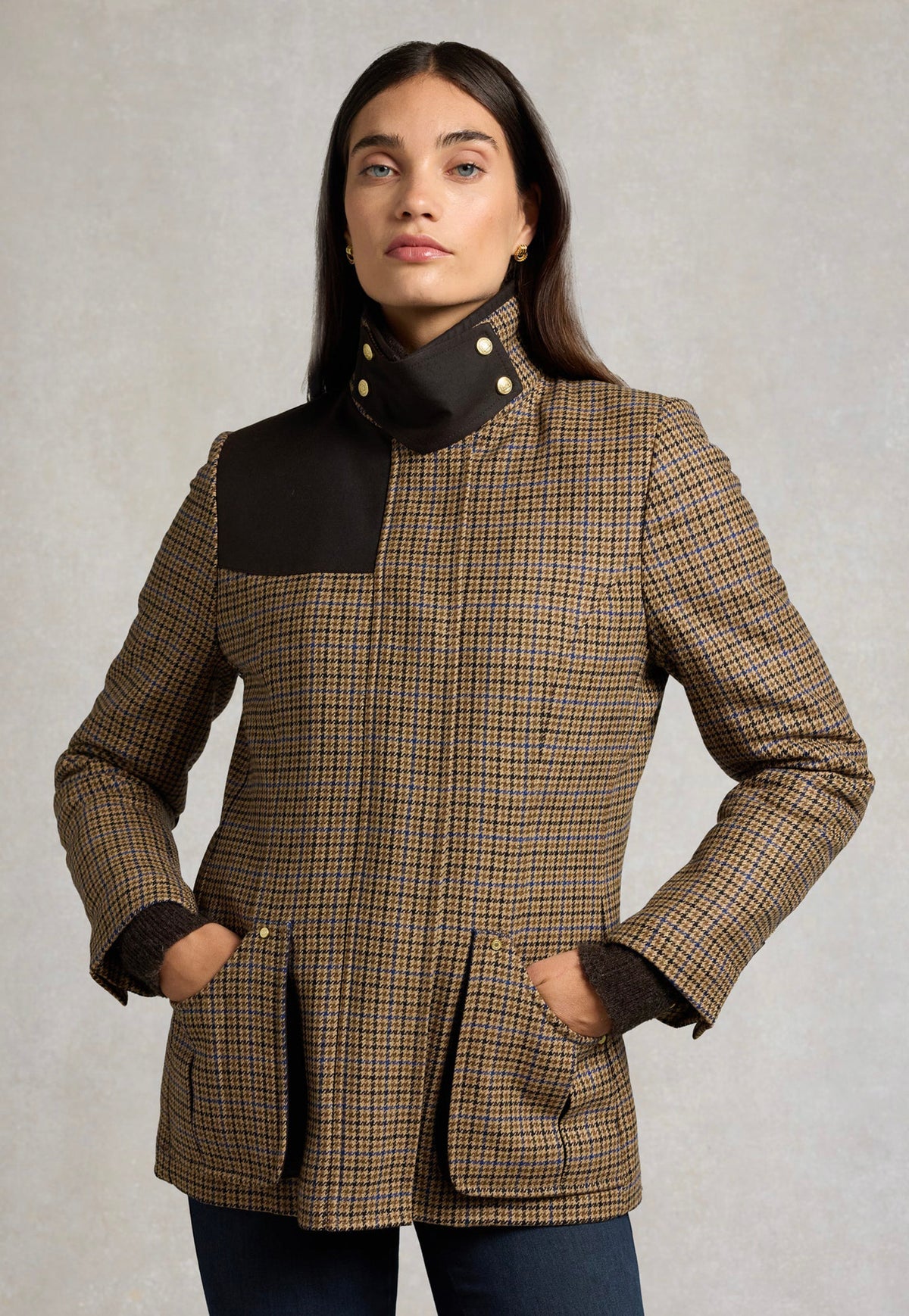 Holland Cooper Country Classic Jacket in Abbot Check Tweed, featuring a British Millerain waxed collar, diamond-quilted lining and storm flap fastening.