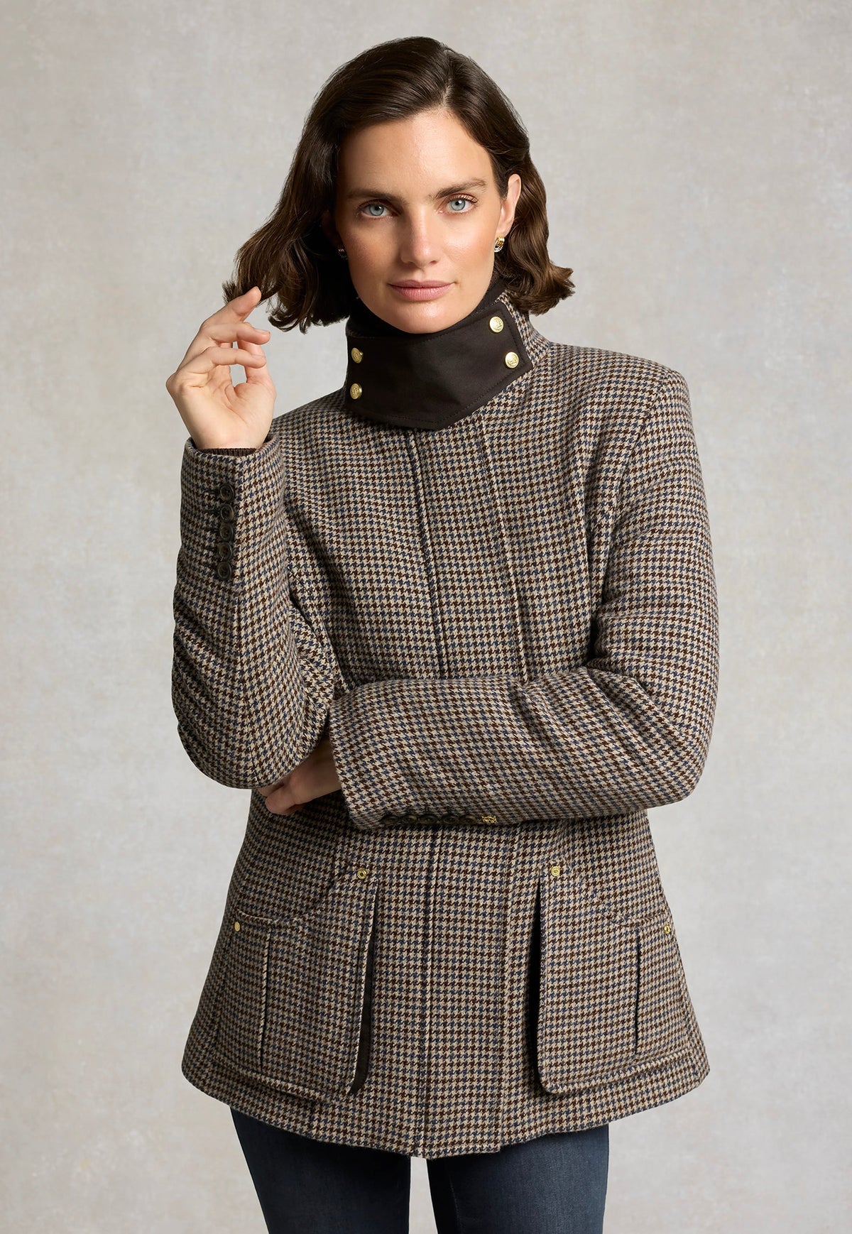 Holland Cooper Country Classic Jacket in Chatsworth Tweed, featuring a British Millerain waxed collar, diamond-quilted lining and storm flap fastening.