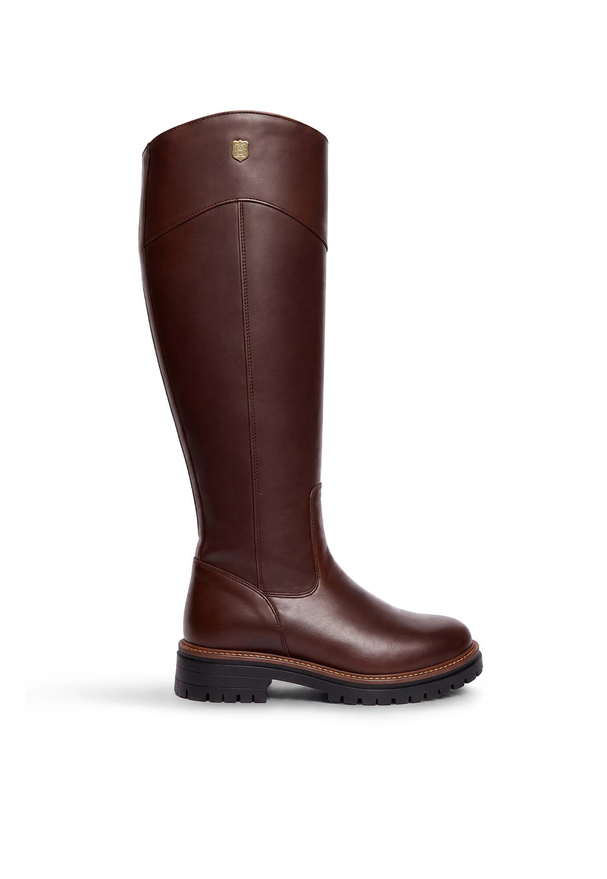 Holland Cooper Hampton Boot in Nutmeg leather, featuring a knee-high equestrian-inspired design, curved top line and treaded sole.