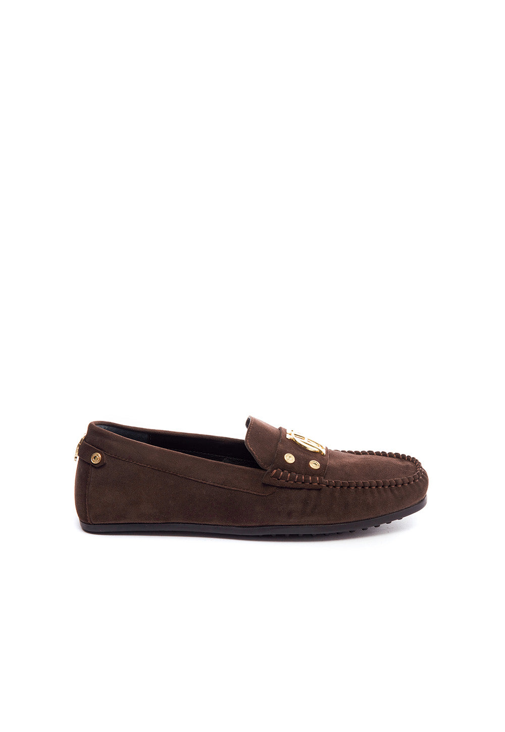 Holland Cooper Driving Loafer in Chocolate suede, featuring a traditional moccasin design, hand-stitched toe detailing, gold HC hardware and a reinforced grip sole.