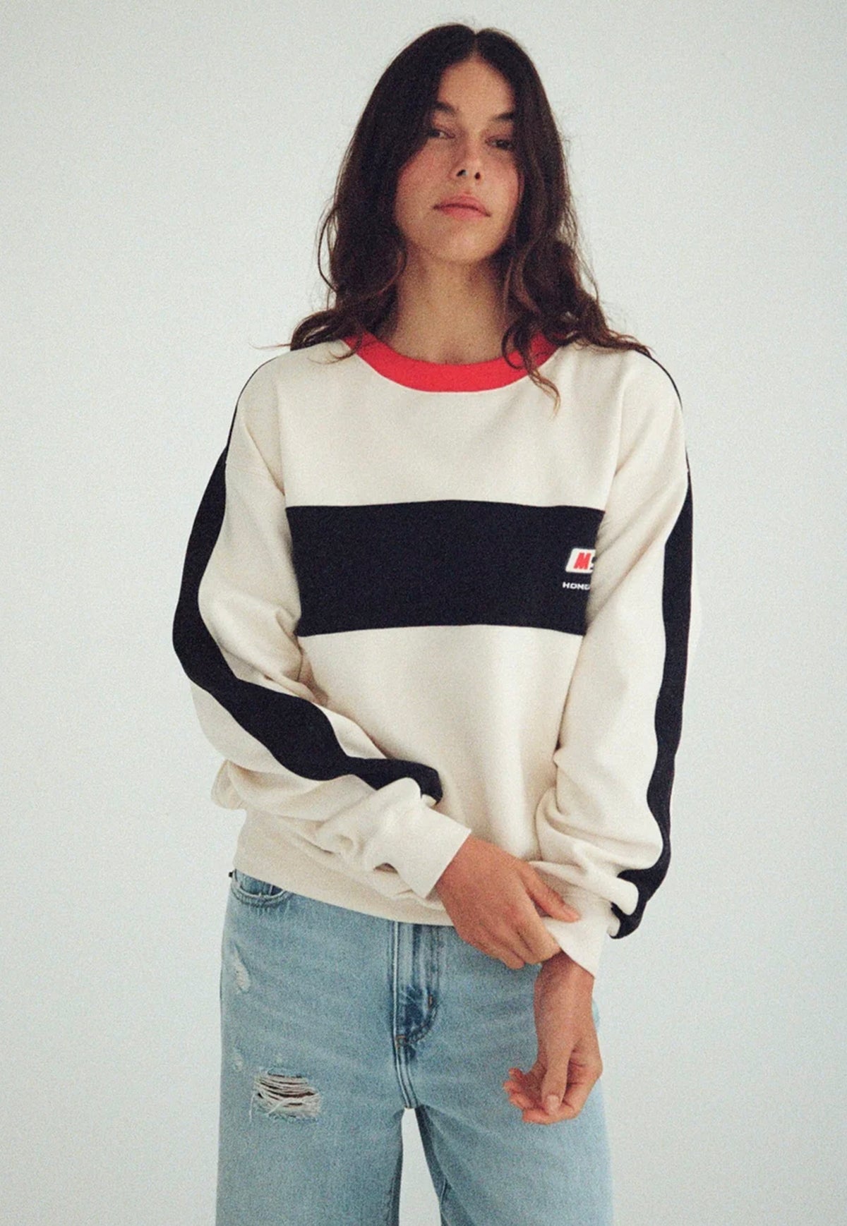 Maggie Marilyn Homebound Crew Neck in Nautical, cream sweatshirt with navy and red colour-blocked detailing.