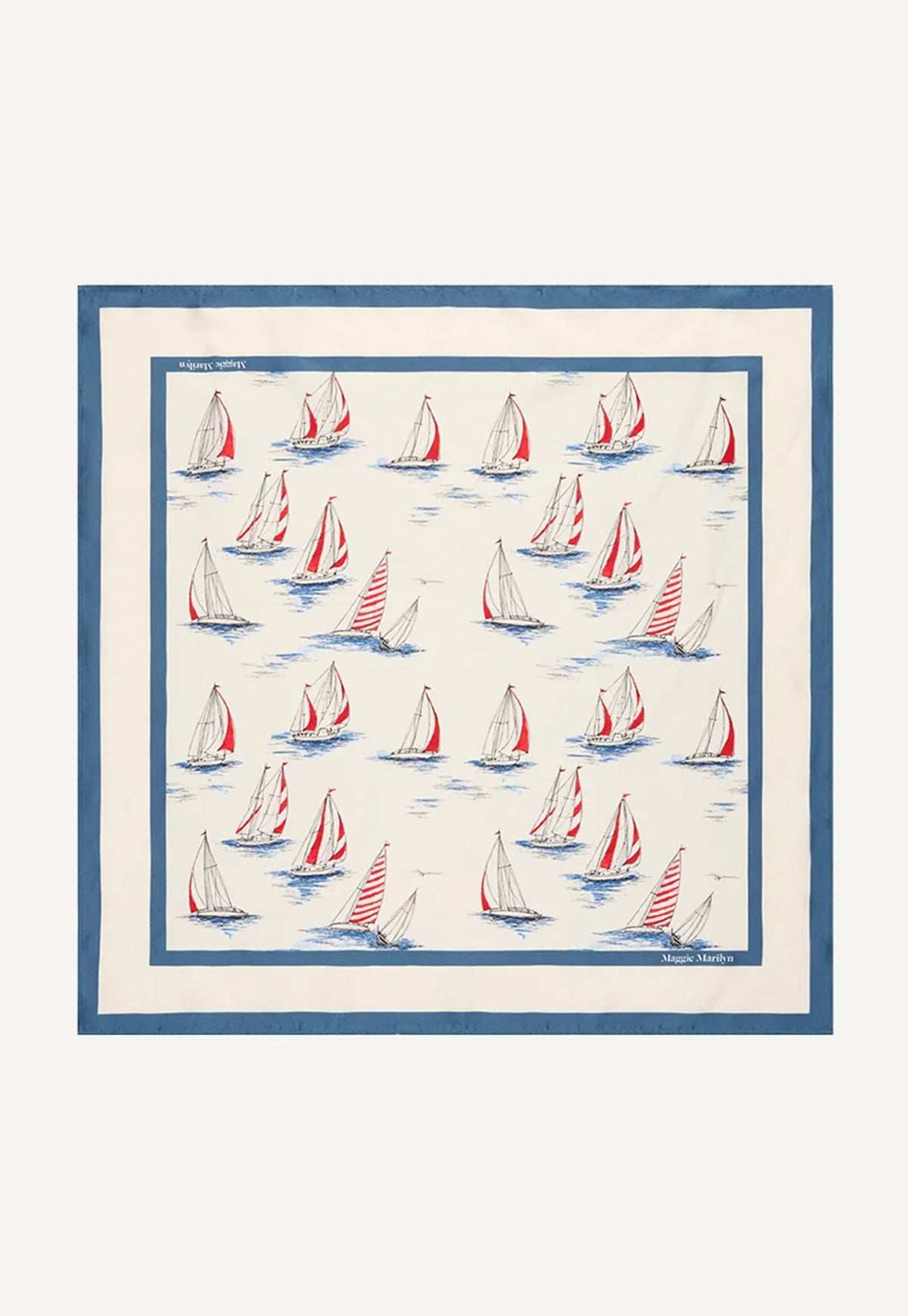 Maggie Marilyn Silk Scarf in Sail Boats, square silk scarf featuring a hand-painted nautical print and signature logo.