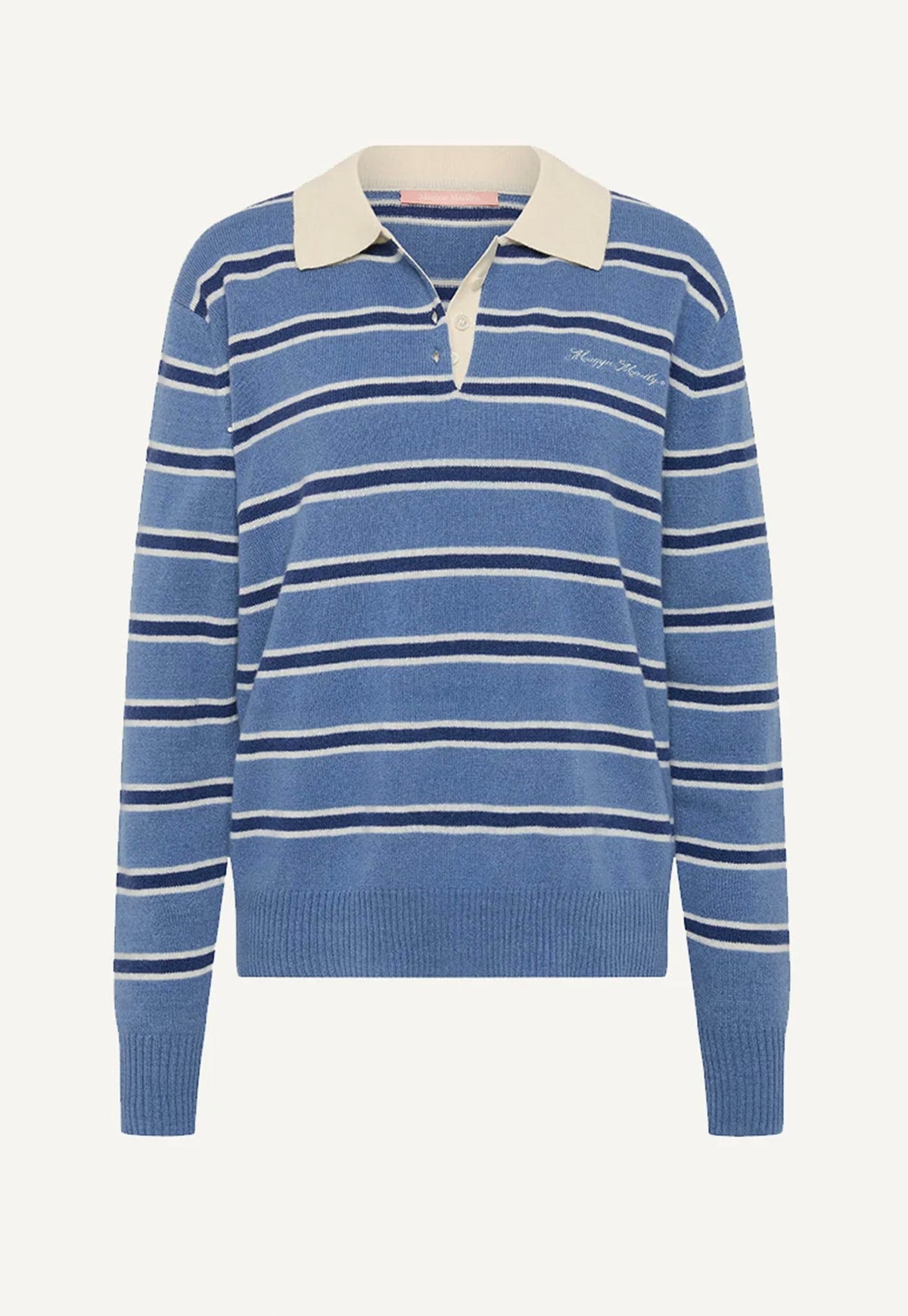 Maggie Marilyn This Must Be The Place Sweater in Vintage Navy Stripe, cashmere rugby-style knit with contrasting collar and button placket