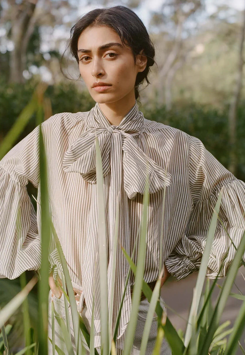 Bow Blouse - Tank/Eggshell Stripe